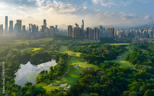 Aerial view of urban buildings and green parks