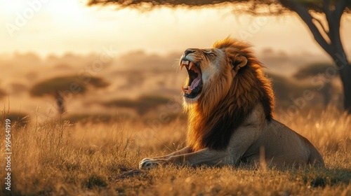 A lion roaring in the early morning light in Serengeti National Park, with the savanna stretching out behind him. photo