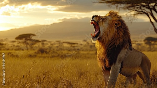 A lion roaring in the early morning light in Serengeti National Park, with the savanna stretching out behind him. photo