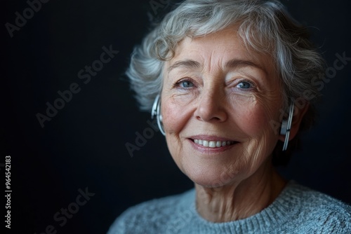 Portrait of a woman with hearing aids smiling, portrait photograpy, with copy space