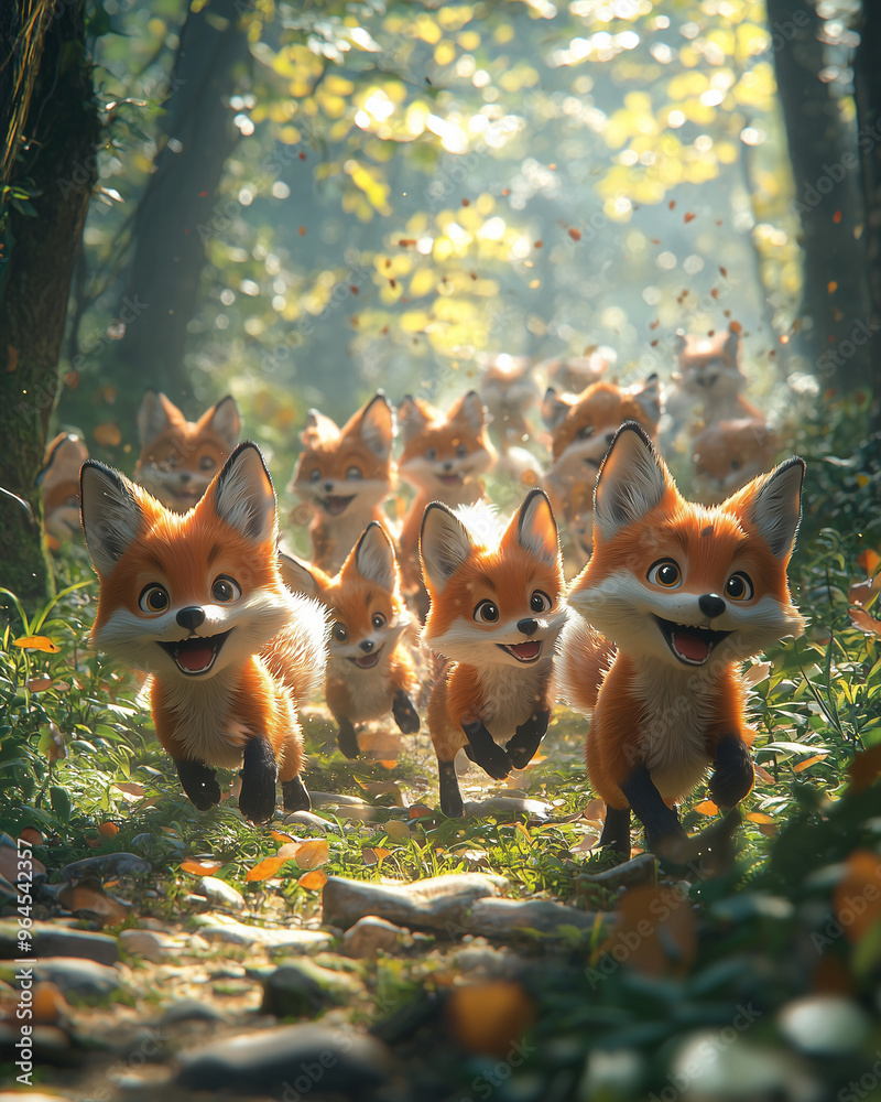 Fototapeta premium group of energetic juvenile fox beastfolk running through a sunlit forest path surrounded by trees and autumn leaves