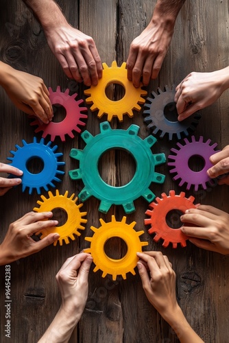 Diverse hands collaborating to assemble colorful gears on a wooden table.