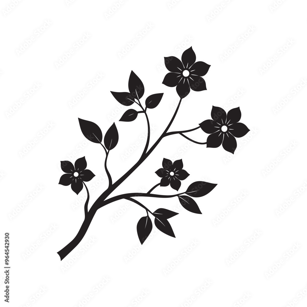 Obraz premium Elegant Black Silhouette of Flowering Branches on White Background. Black silhouette of branch with flowers