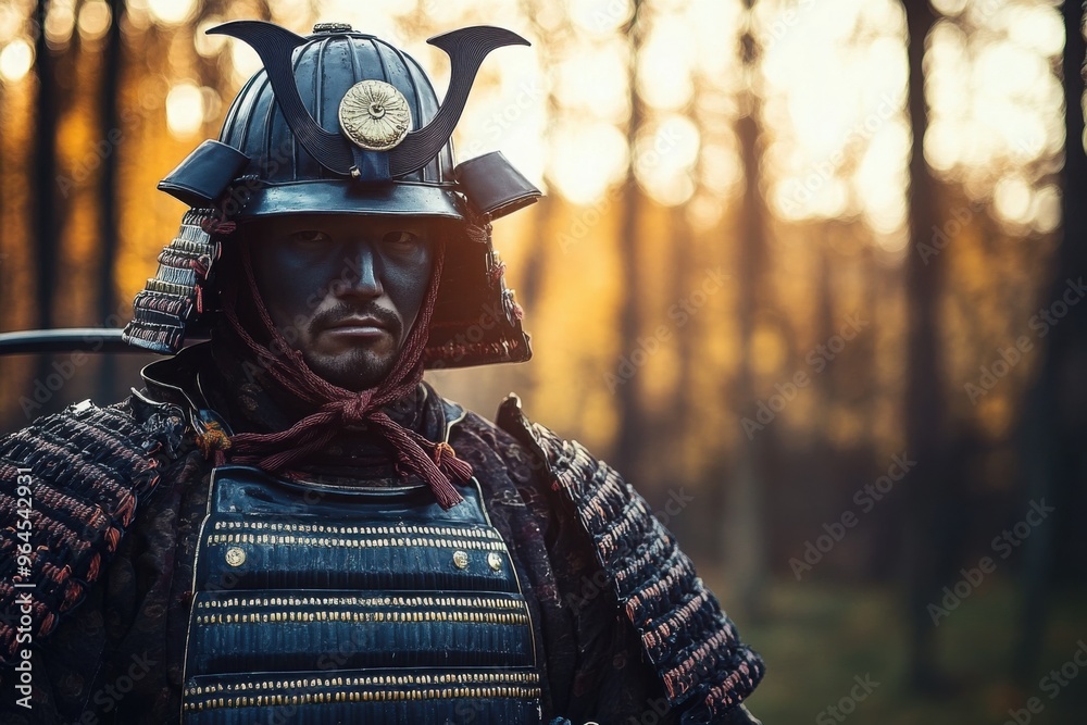 Samurai warrior at dawn, portrait photography style, with copy space Samurai warrior at dawn, portrait photography style, with copy space