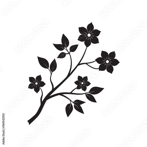 Elegant Black Silhouette of Flowering Branches on White Background. Black silhouette of branch with flowers