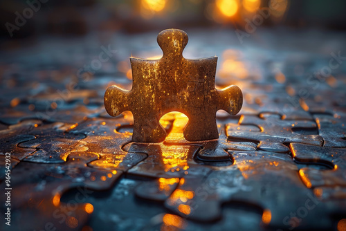  Single puzzle piece standing on incomplete puzzle with warm glowing light, symbolizing finding the missing part, problem-solving, and the pursuit of completeness