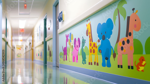 An obstetrics hallway lined with colorful wall decals of baby animals, captured with a Lomo LC-A style for a vibrant, retro look.