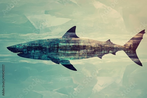 Shark in a dystopicpunk style with symmetrical balance composition, with copy space photo