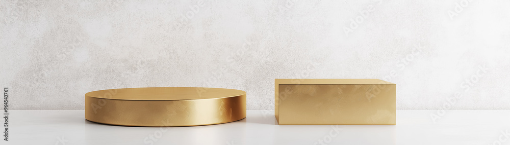 Golden empty circular and square podiums on white platform against light textured wall. Product display background with copy space. Golden empty circular and square podiums on white platform against light textured wall. Product display background with copy space.