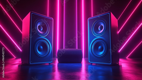 Two speakers and a subwoofer on a dark background with neon lighting