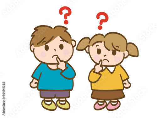 なんでだろうと疑問に感じる男の子と女の子の全身イラスト（小学生低学年、幼児）