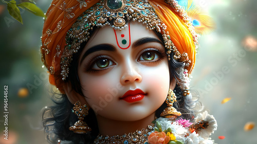 A serene depiction of a young deity adorned with jewelry and flowers, radiating divine beauty.