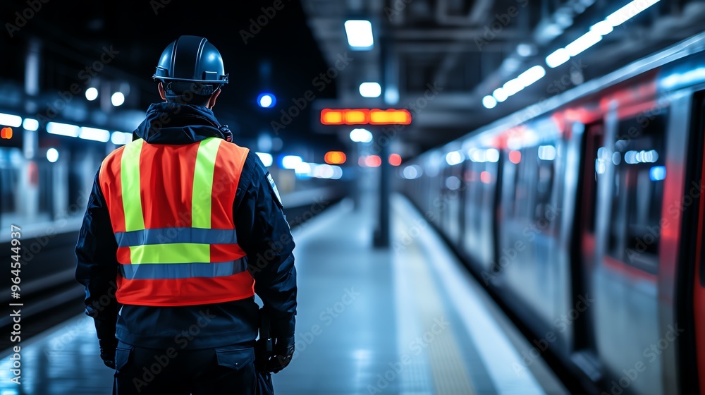 Fototapeta premium A safety officer in a reflective vest stands at a dimly lit subway station, preparing for train arrivals and maintaining security.