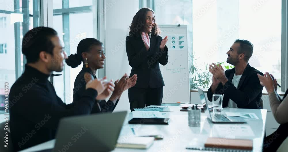 Meeting, presentation and woman in office with applause for planning, strategy or winning ideas. Growth, development and business people in conference room for praise, support or teamwork celebration Meeting, presentation and woman in office with applause for planning, strategy or winning ideas. Growth, development and business people in conference room for praise, support or teamwork celebration