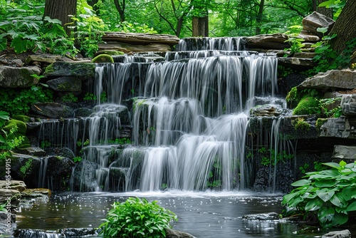 Waterfall Cascading Over Lush Greenery in a Hidden Grove,