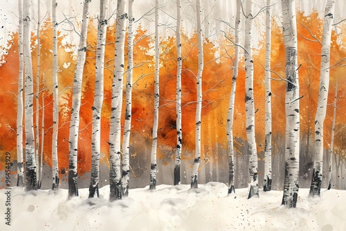 Watercolor American Aspen Trees in Colorado Rocky Mountains, Featuring Black and White and Orange Tree Trunk on White Background. Snowy Winter Christmas Banner with Birch Grove in the Winter Season photo