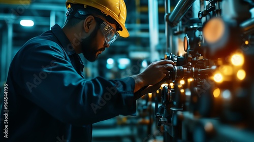 A focused technician calibrating machinery in an industrial environment, highlighting precision and expertise in engineering tasks.