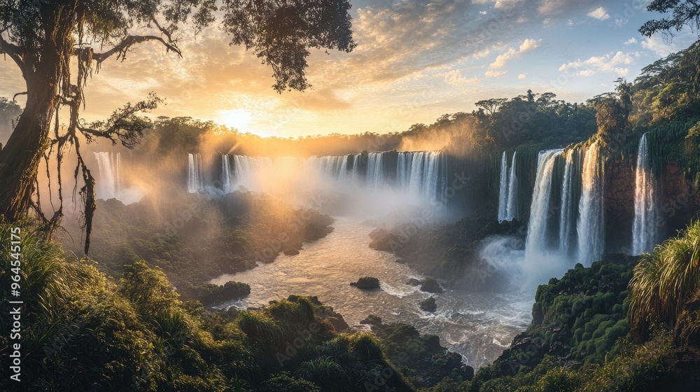 A panoramic shot of the Iguazu Falls at sunrise, with the waterfalls glowing in the soft morning light. A panoramic shot of the Iguazu Falls at sunrise, with the waterfalls glowing in the soft morning light.