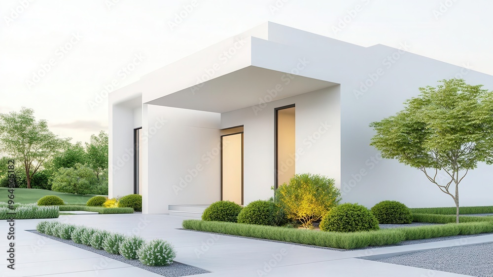 Contemporary home exterior with minimalist design and landscaped garden, ideal for modern real estate promotions Contemporary home exterior with minimalist design and landscaped garden, ideal for modern real estate promotions