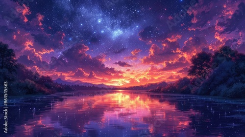 A serene sunset over a calm lake, reflecting vibrant colors and a starry sky, creating a peaceful and dreamy atmosphere.