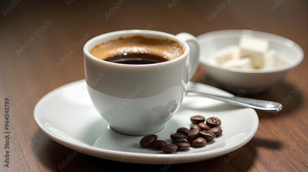 Classic Italian Espresso in a White Cup with Coffee Beans