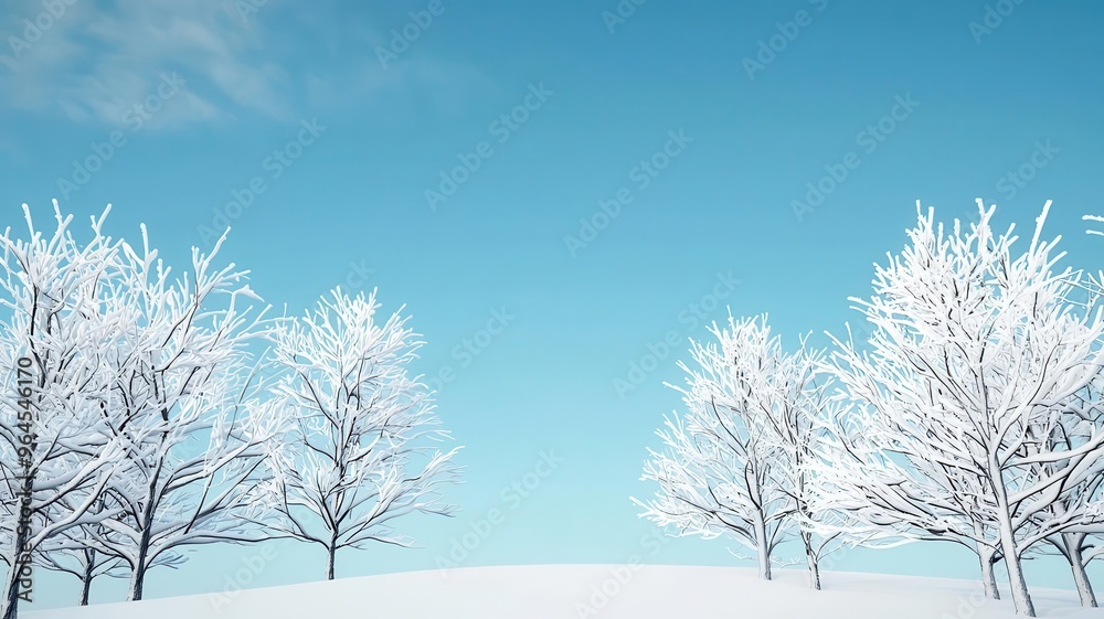 Winter wonderland, with snow-covered trees and sky, 3D illustration, copy space for text, Winter wonderland, with snow-covered trees and sky, 3D illustration, copy space for text,