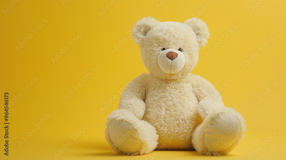 A cute white color teddy bear front view isolated on a yellow background A cute white color teddy bear front view isolated on a yellow background