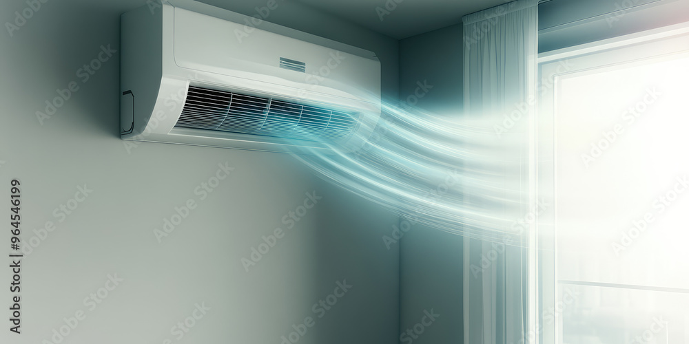 Air conditioning unit blowing out cool air into a room. 3d flows of cold air on the background of the room interior Air conditioning unit blowing out cool air into a room. 3d flows of cold air on the background of the room interior