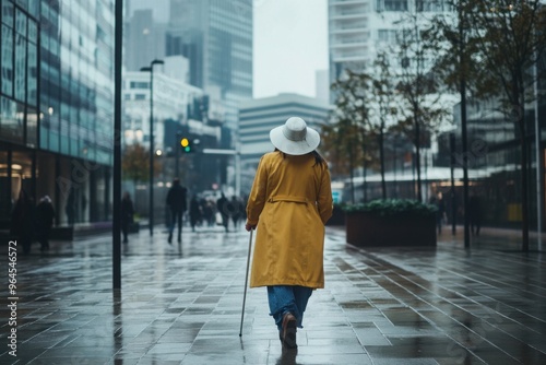 Woman with a white cane walking in a city, urban photography, with copy space