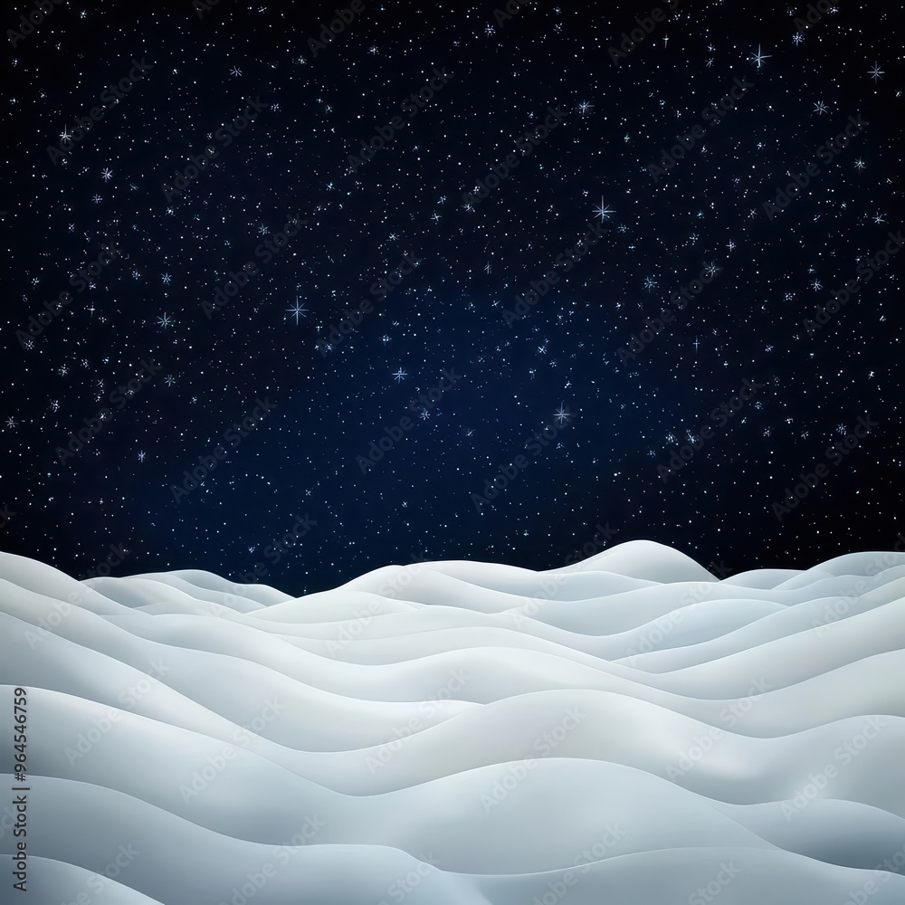 Naklejka premium Winter night, with stars twinkling over snowy landscape, 3D illustration, copy space for text,
