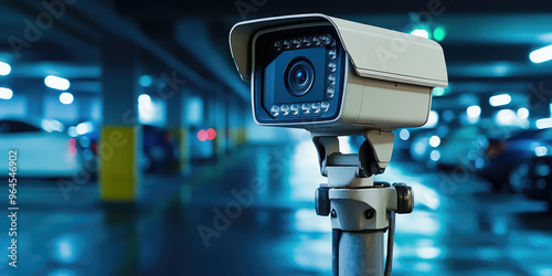 Close-up of high-tech ip security camera on the background of blurred parking garage security and monitoring