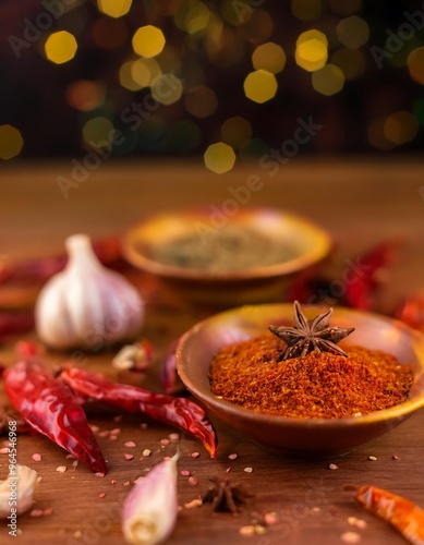 Close-up of Chili Powder with Star Anise, Garlic and Red Peppers on Wooden Surface photo