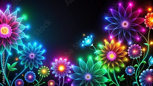 Modern wallpaper design with neon flowers and glowing effects on black background