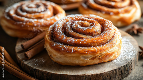 Homemade pastry cinnamon roll buns in rustic with fresh icing sugar, Cinnamon rolls