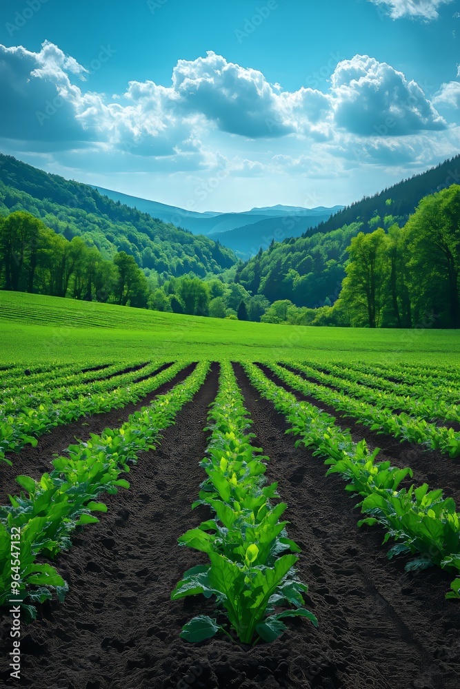 Lush green crop fields under a bright blue sky with mountains in the background. Lush green crop fields under a bright blue sky with mountains in the background.