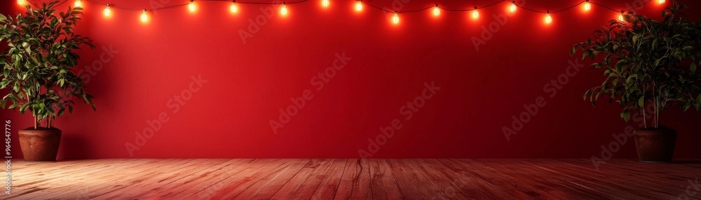 A retro-inspired sale sign with marquee lights, placed in a minimalist red room with wooden flooring A retro-inspired sale sign with marquee lights, placed in a minimalist red room with wooden flooring