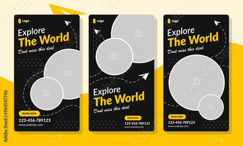 flat travel social media stories template collection, bundle of potrait banner for travel or tourism