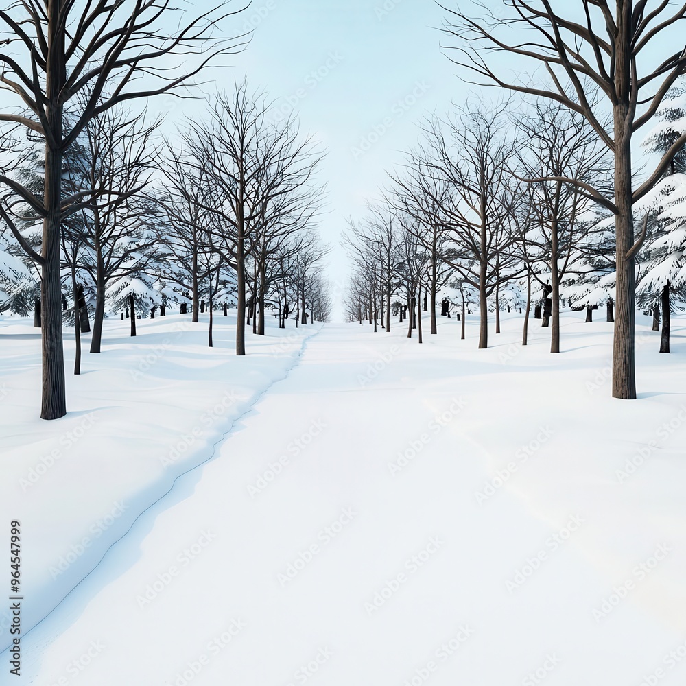 Snowy path, leading through a wintery forest, 3D illustration, copy space for text, Snowy path, leading through a wintery forest, 3D illustration, copy space for text,