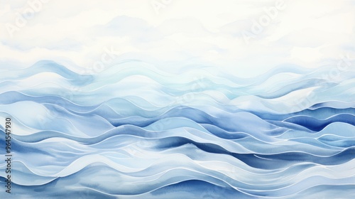 A serene watercolor depiction of gentle ocean waves in varying shades of blue, evoking calmness and tranquility.