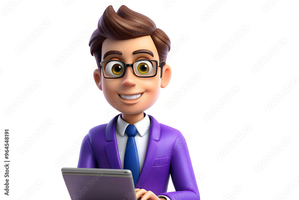 Cheerful cartoon character in purple suit with tablet smiling at camera Cheerful cartoon character in purple suit with tablet smiling at camera