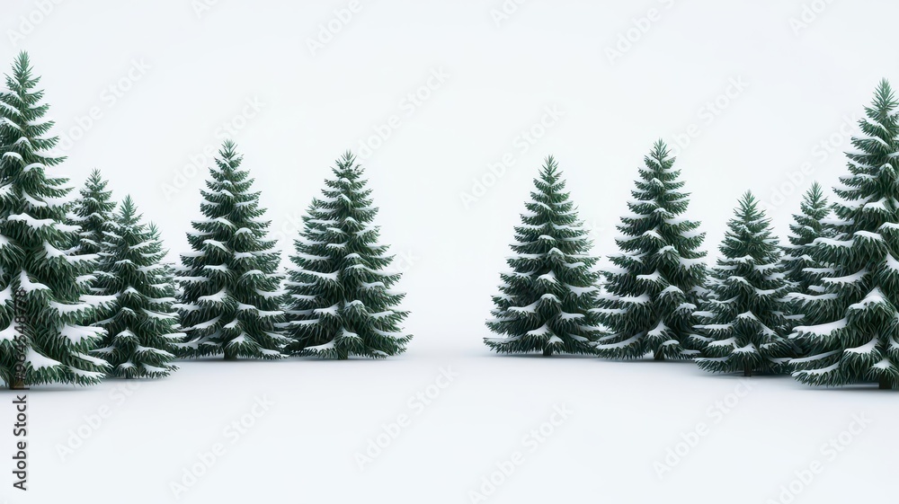 Snow-covered pine trees, serene winter forest, 3D illustration, copy space for text, Snow-covered pine trees, serene winter forest, 3D illustration, copy space for text,