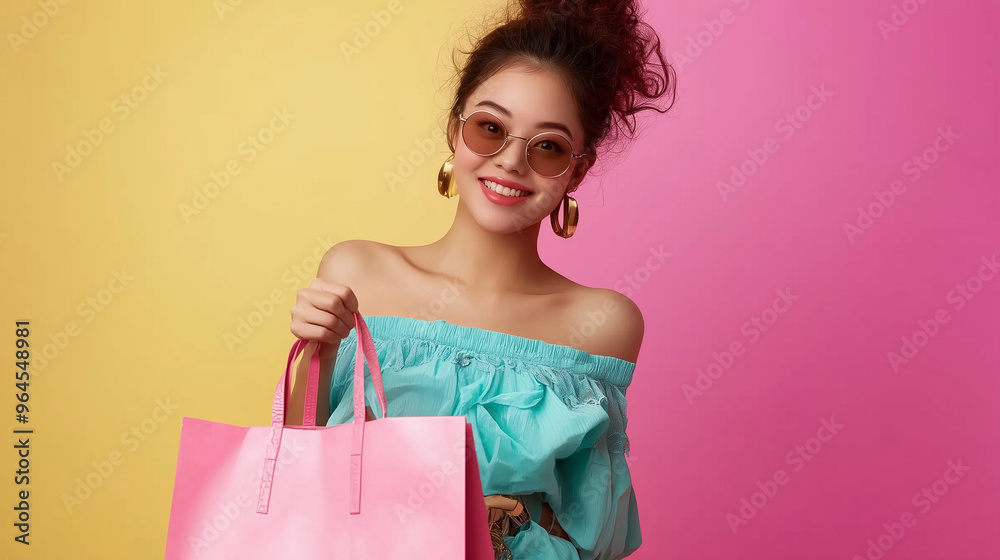ショッピングバッグを持つ笑顔の女性 ショッピングバッグを持つ笑顔の女性