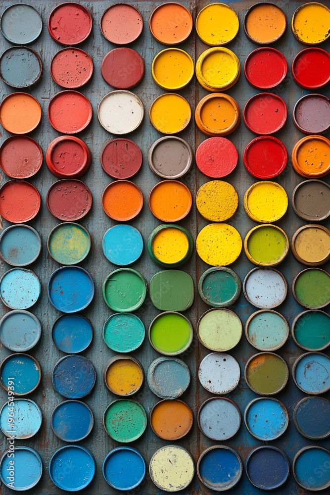 Colorful array of paint cans arranged in a vibrant display. Colorful array of paint cans arranged in a vibrant display.