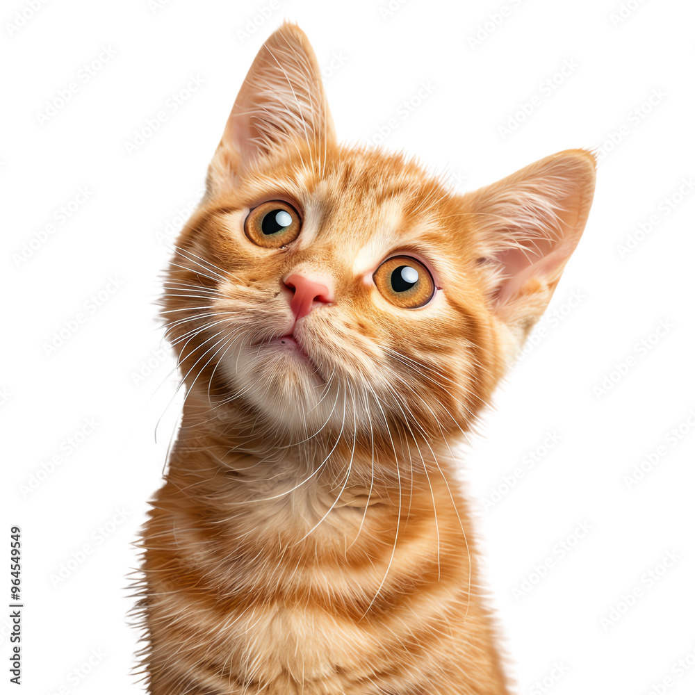 Close-up of an adorable orange tabby kitten with curious wide eyes isolated on a white background., transparent background Close-up of an adorable orange tabby kitten with curious wide eyes isolated on a white background., transparent background