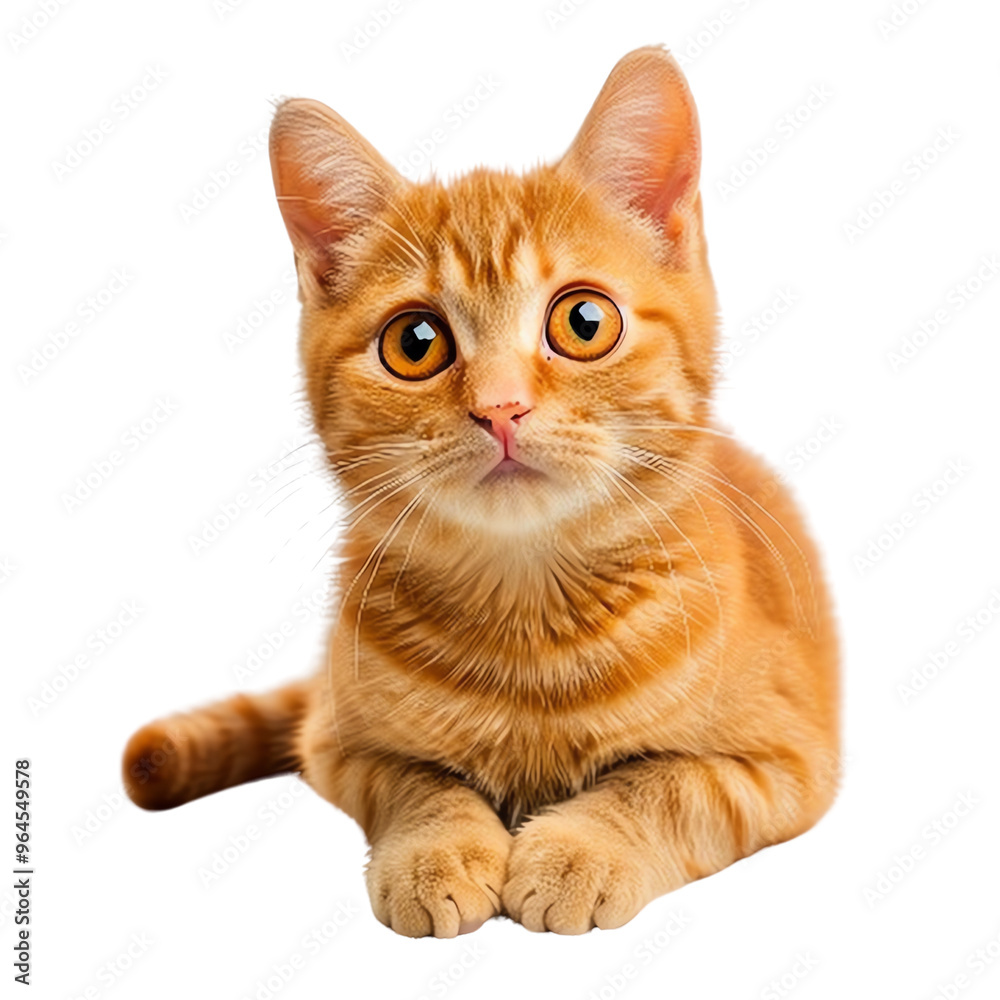 Close-up of an adorable orange tabby cat with wide eyes and a curious expression, laying down isolated on a white background., transparent background Close-up of an adorable orange tabby cat with wide eyes and a curious expression, laying down isolated on a white background., transparent background