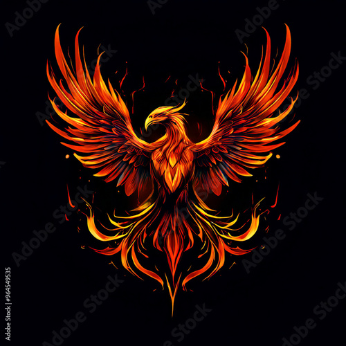 Burning bird phoenix rising form flames and fire, logo