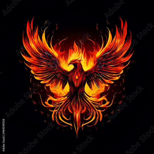 Burning bird phoenix rising form flames and fire, logo
