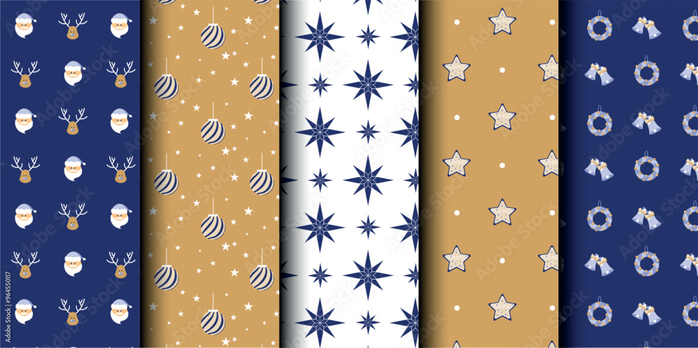 Set of Christmas vector seamless pattern. Merry Christmas and Happy New Year. Christmas symbols background. Vector gold and blue seamless illustration Set of Christmas vector seamless pattern. Merry Christmas and Happy New Year. Christmas symbols background. Vector gold and blue seamless illustration