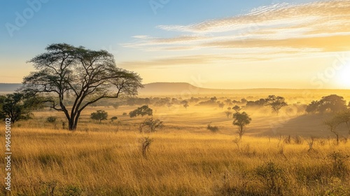 A panoramic view of the savanna in Kruger National Park at dawn, with the landscape bathed in soft golden light.