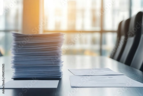 A boardroom with a stack of unpaid invoices and a bankruptcy notice on the table, showing the harsh reality of financial collapse for a business